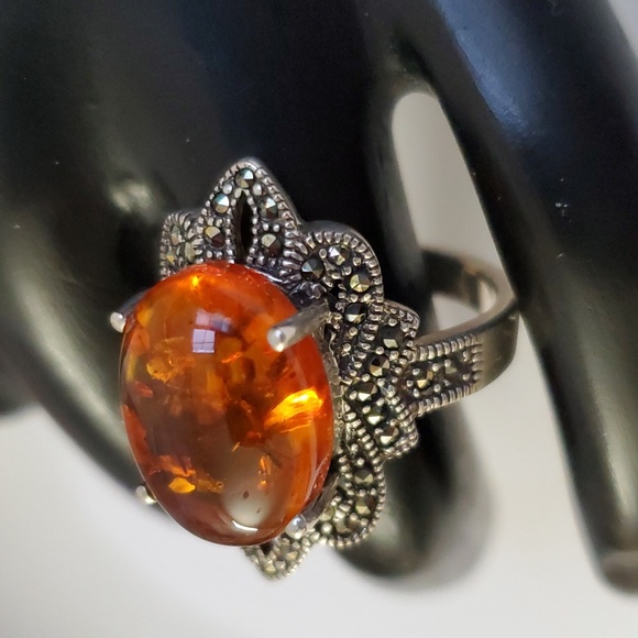 Sterling Silver 925 Amber and Marcasite Nugget Ring - Picture 4 of 10